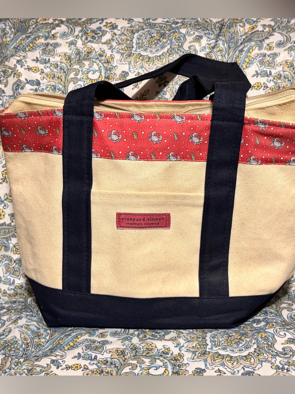 Vineyard Vines Canvas Tote Bag Crabs Pink/Blue Gingham